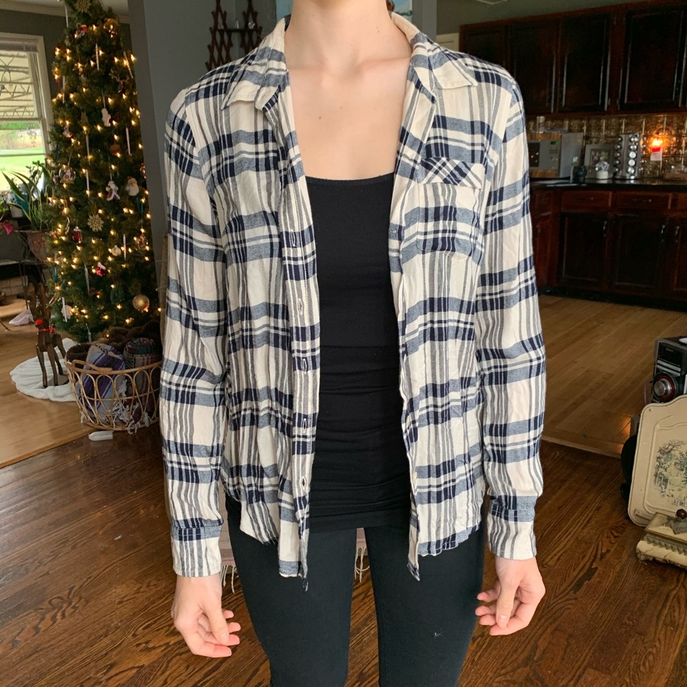 Navy and white plaid shirt